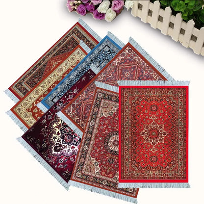 Persian Carpet Inspired Small Coaster - Retro Style Mouse Pad Desk Mat with Woven Flower Design - Non-Slip Rubber Computer Mat