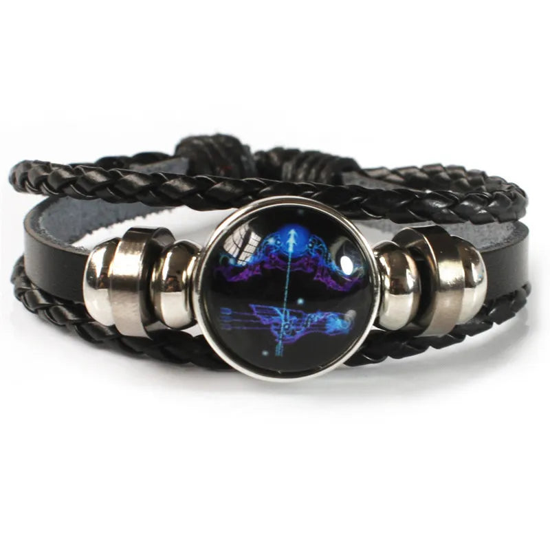12 Zodiac Signs Constellation Charm Bracelet - Luminous Multilayer Weave Leather Bangle for Men & Women, Birthday Gift