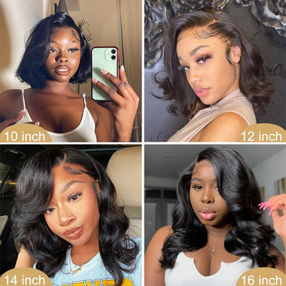 Body Wave Short Bob Wig – 180% Density 13x4 Lace Front 16 Inch Human Hair, Pre-Plucked with Baby Hair, 100% Brazilian Remy