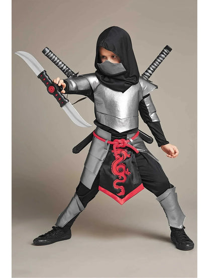 2025 Kids Dragon Ninja Costume – Silver Ninja Halloween Cosplay Outfit for Boys