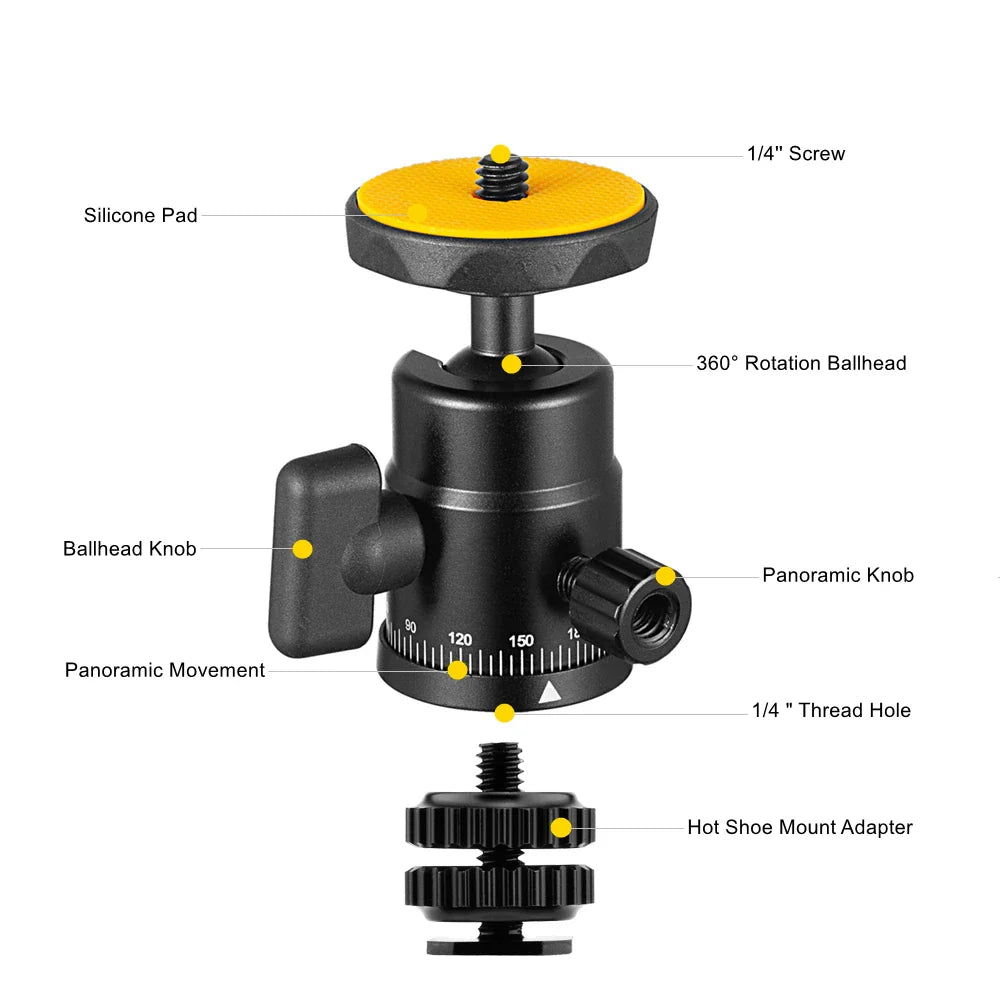 Mini Ball Head Panoramic Tripod – 1/4'' Hot Shoe Mount for DSLR Camera, Camcorder, Monitor, Smartphone, Light, Microphone, Slider