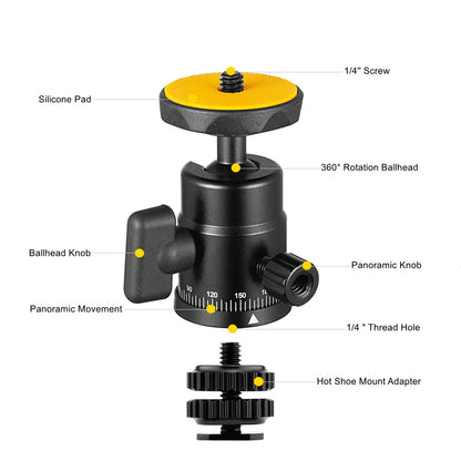 Mini Ball Head Panoramic Tripod – 1/4'' Hot Shoe Mount for DSLR Camera, Camcorder, Monitor, Smartphone, Light, Microphone, Slider