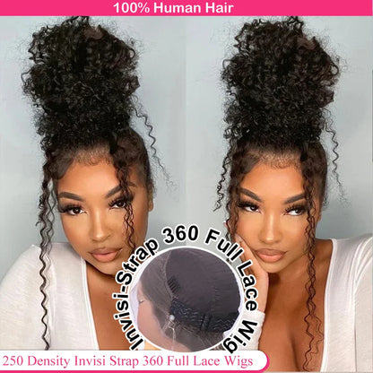 Invisi Strap 360 Lace Frontal Wig – Pre-Plucked Deep Curly Glueless Human Hair Wig, Pre-Cut Full Lace Wig