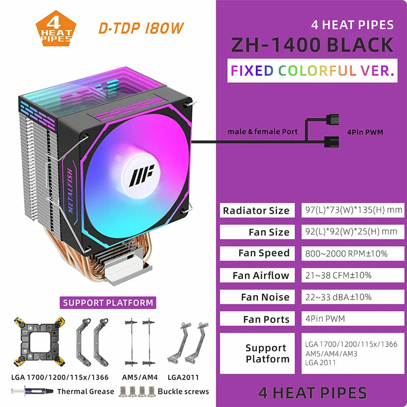 METALFISH White CPU Cooler – ARGB PWM Silent Fan Radiator 4-Pin High Performance Air Cooling for Intel LGA1700/1200/115X/1366/2011 & AMD AM5/AM4/x99/x79