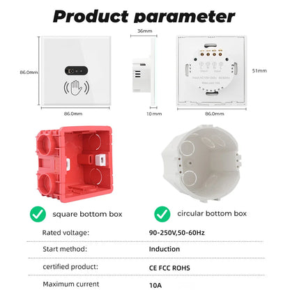 SMATRUL Wall Smart Light Switch with Infrared Sensor - No Touch Needed, EU UK 220V 110V - Glass Screen Panel, Electrical Power On/Off for Lamps