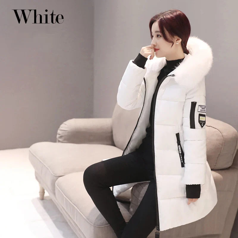 Women's Winter Parka – Fur Collar Hooded Long Jacket, Slim Fit, Warm & Thick with Letter Patch & Zipper Pockets