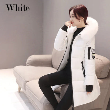 Women's Winter Parka – Fur Collar Hooded Long Jacket, Slim Fit, Warm & Thick with Letter Patch & Zipper Pockets