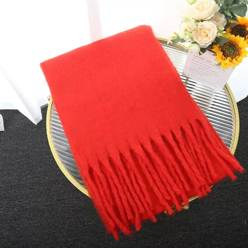 Luxury Cashmere Scarf for Women - Thickened Warm Shawl with Classic Tassels, Soft Solid Color Wrap for Autumn and Winter