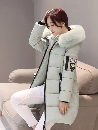 Women's Winter Parka – Fur Collar Hooded Long Jacket, Slim Fit, Warm & Thick with Letter Patch & Zipper Pockets