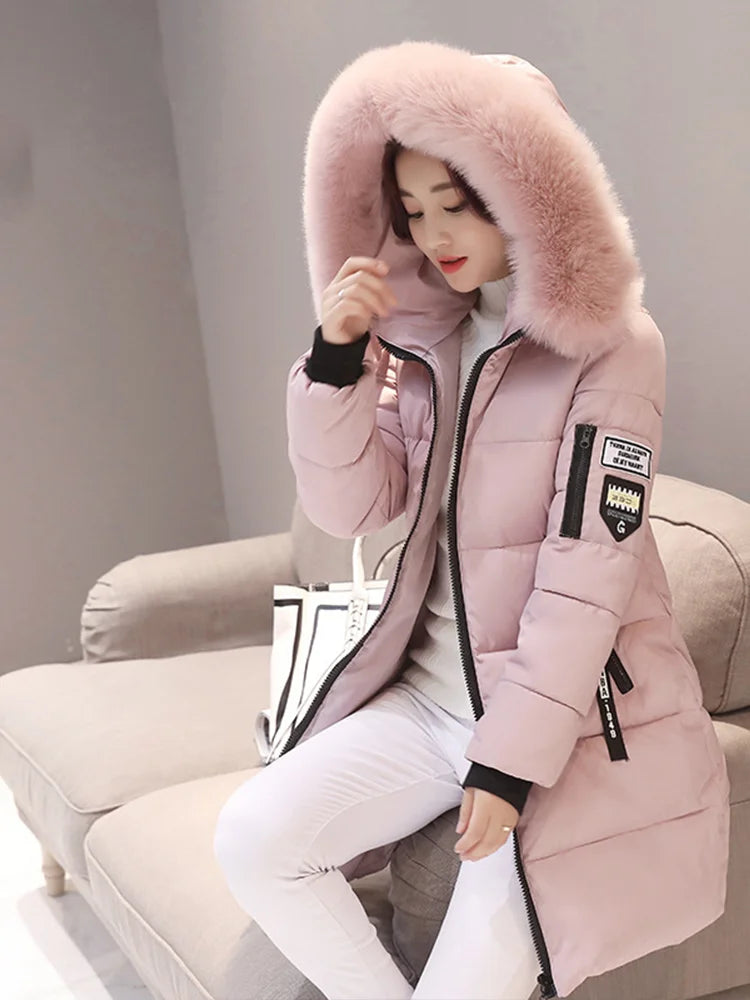Women's Winter Parka – Fur Collar Hooded Long Jacket, Slim Fit, Warm & Thick with Letter Patch & Zipper Pockets