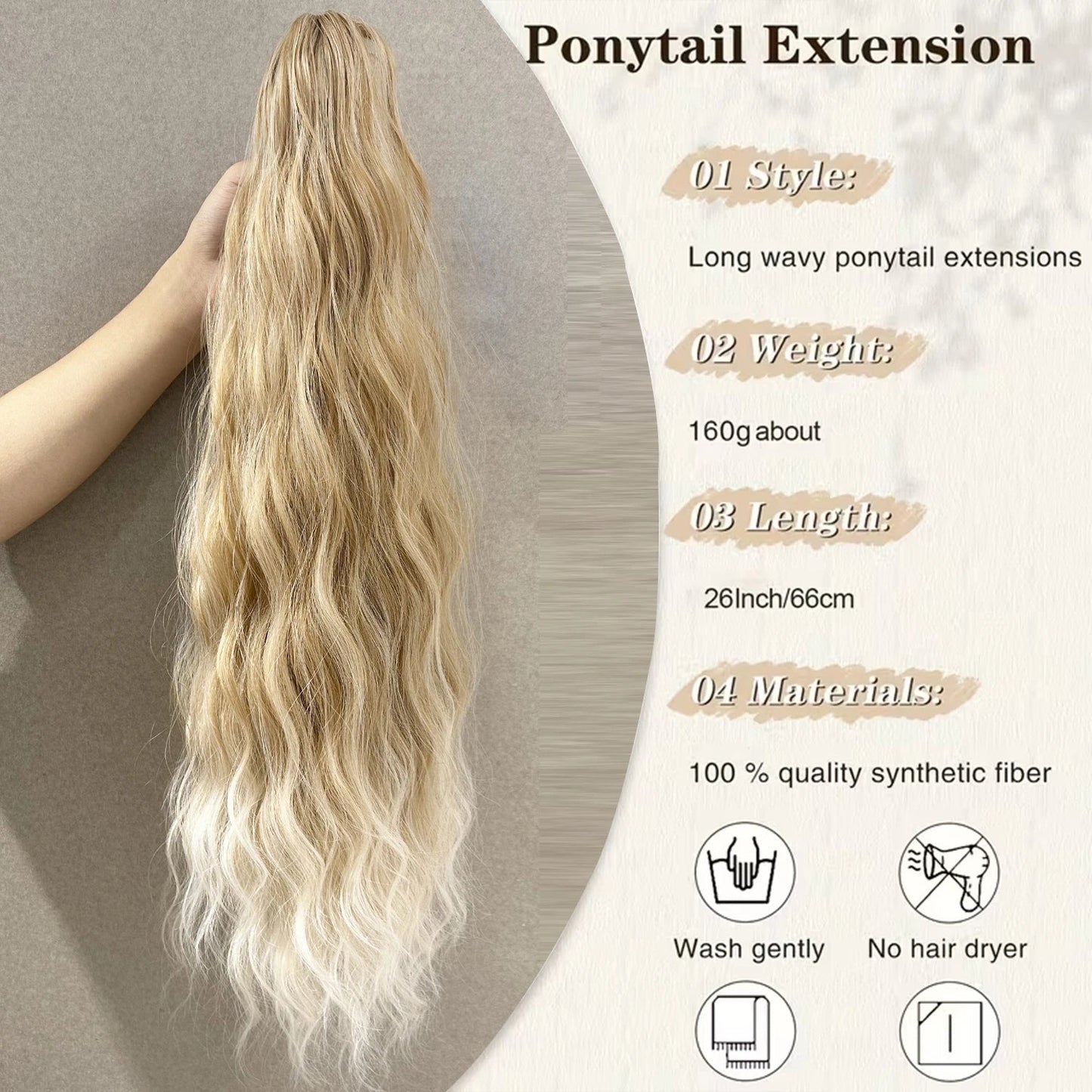 Synthetic Water Wave Claw Clip Ponytail Hair Extension – Black & Blonde, Heat-Resistant Fluffy Messy Style for Women