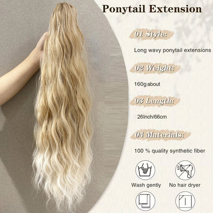 Synthetic Water Wave Claw Clip Ponytail Hair Extension – Black & Blonde, Heat-Resistant Fluffy Messy Style for Women