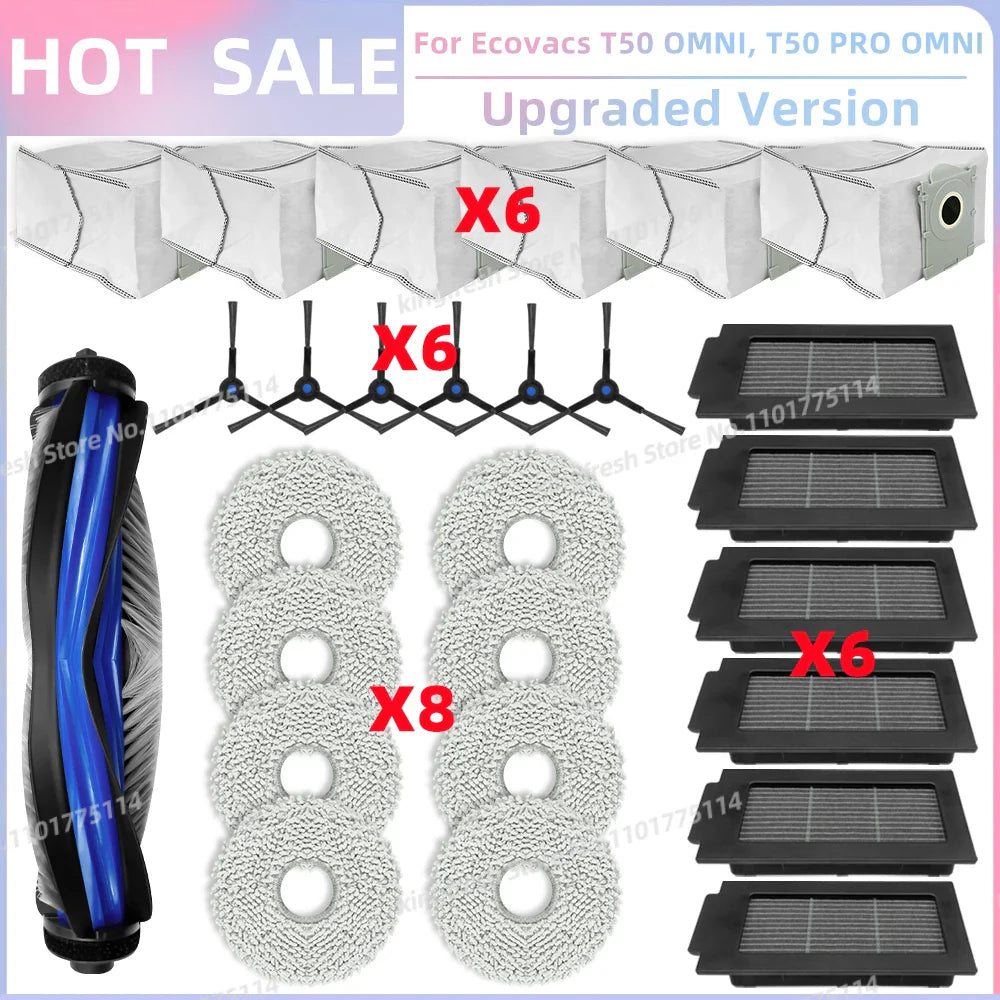 ECOVACS T50 PRO/OMNI Vacuum Replacement Parts – Main Roller, Side Brush, HEPA Filter, Mop Cloth & Dust Bag