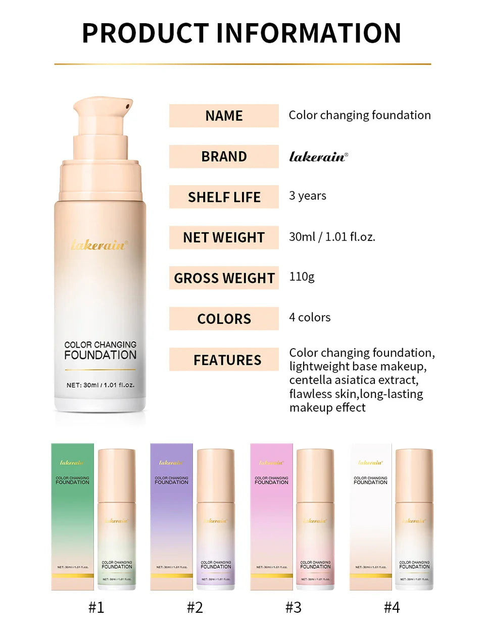 Color-Changing 4-in-1 Foundation – Moisturizing SPF 30+ Longwear Waterproof Makeup Base for Hydrating Travel Coverage