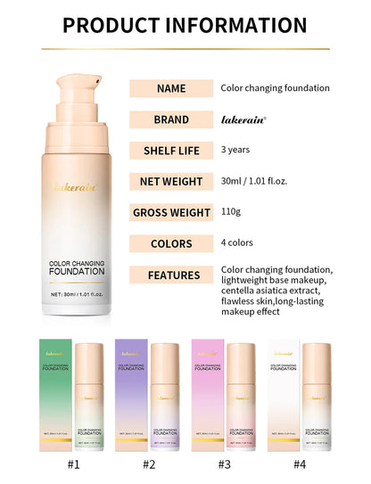 Color-Changing 4-in-1 Foundation – Moisturizing SPF 30+ Longwear Waterproof Makeup Base for Hydrating Travel Coverage
