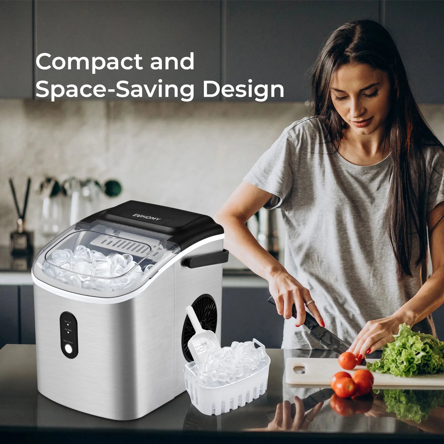 Euhomy Countertop Ice Maker – 26LBS/24H, 9 Cubes in 6 Mins, Auto-Cleaning Portable Ice Machine with Handle, Silver