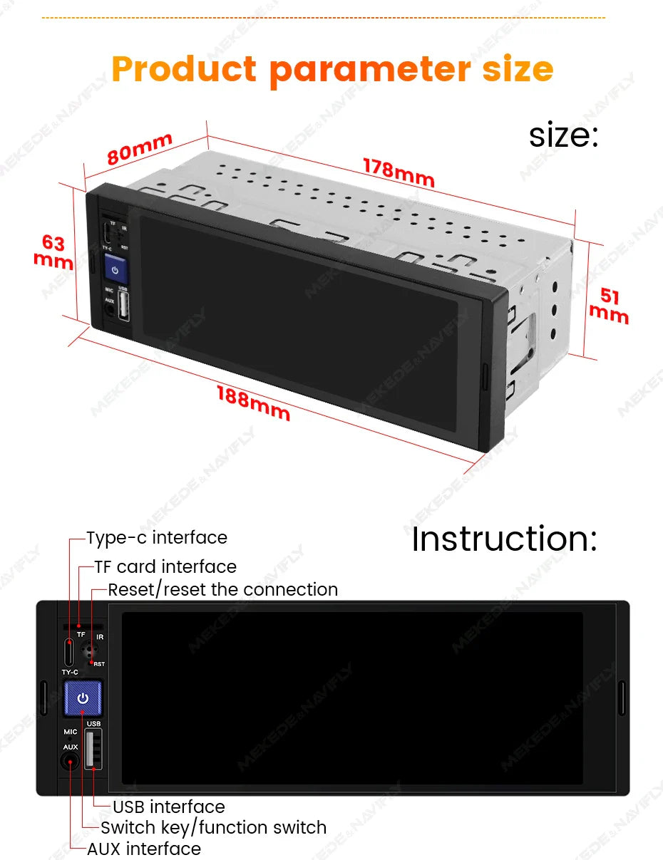 NaviFly 6.86" 1-DIN MP5 Car Stereo — Wireless CarPlay & Android Auto Multimedia Player with BT & FM