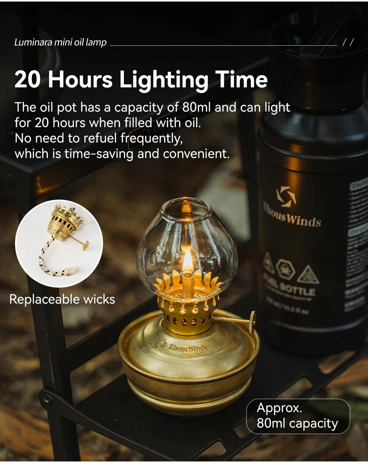 ThousWinds Luminara Mini Oil Lamp – Windproof Portable Retro Lantern with 20-Hour Burn Time for Camping and Hiking