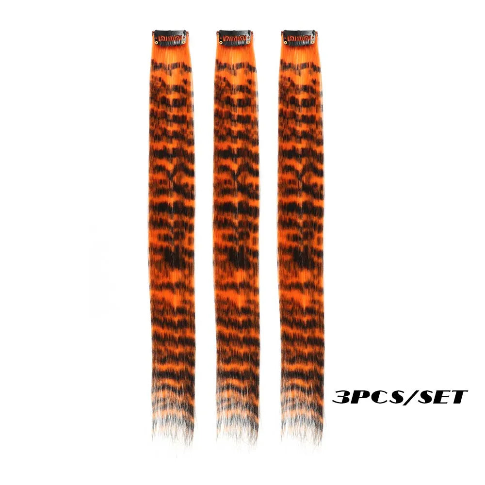 3-Piece Colorful Stripe Hair Extensions - Long Straight Synthetic Clip-In Hair Pieces for Parties & Halloween