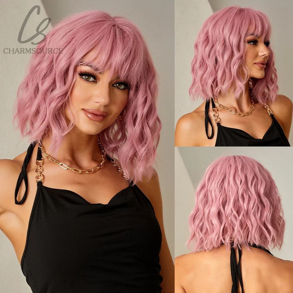 CharmSource Pink BOBO Short Synthetic Wig – Natural Wavy Heat Resistant Hair Wig for Women, Party & Daily Wear