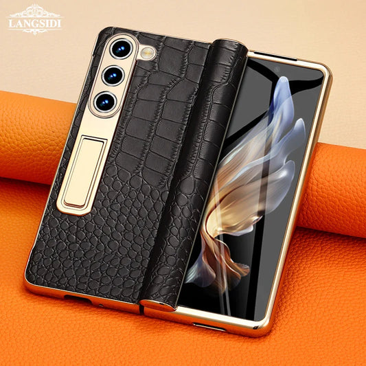 LANGSIDI Leather Case for Samsung Galaxy Z Fold 6/5/4/3 – Gold Plated Magnetic Hinge Cover with Mirror Film & Stand