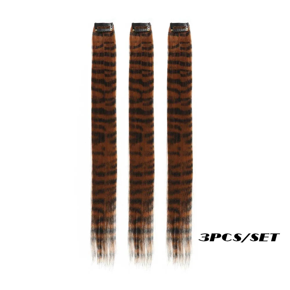3-Piece Colorful Stripe Hair Extensions - Long Straight Synthetic Clip-In Hair Pieces for Parties & Halloween