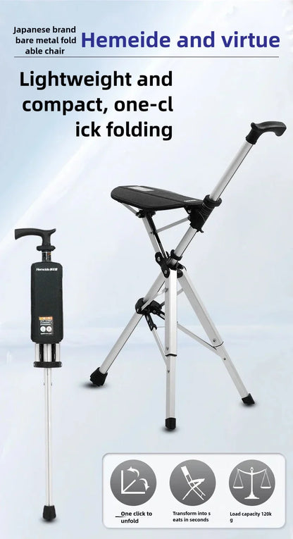2-in-1 Portable Folding Cane & Chair — Quick-Fold Walking Stick with Built-In Seat and Three Legs