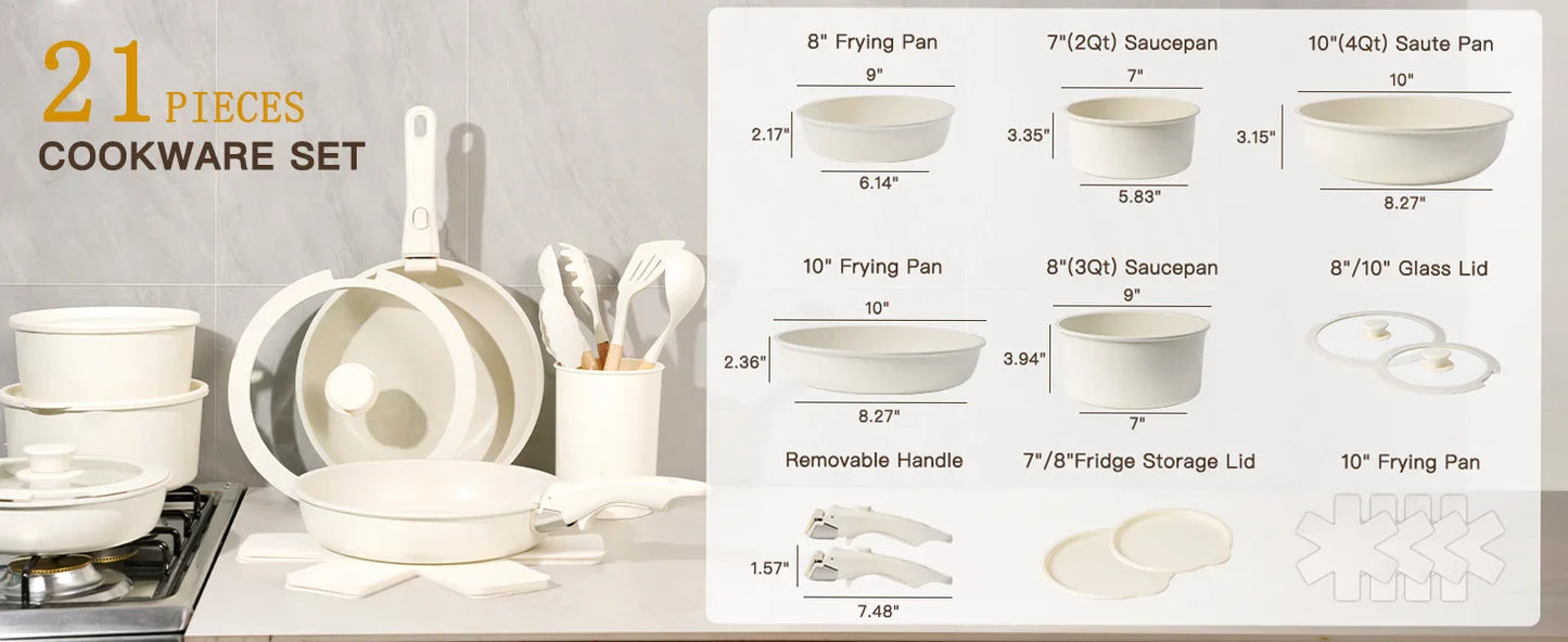 Astercook 21 Piece Ceramic Cookware Set - Non-Stick Pots and Pans with Sensor Handles in Milky White