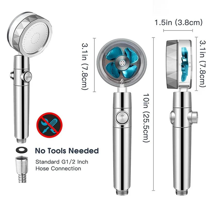 360° Rotation Turbo Fan Shower Head – High Pressure, Water-Saving Adjustable Spray with Filters for Bathroom Accessories