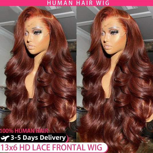 YKB Body Wave Reddish Brown 13x6 Lace Front Wig – Pre-Plucked Auburn Colored HD Lace Frontal, 200% Density Human Hair Wig
