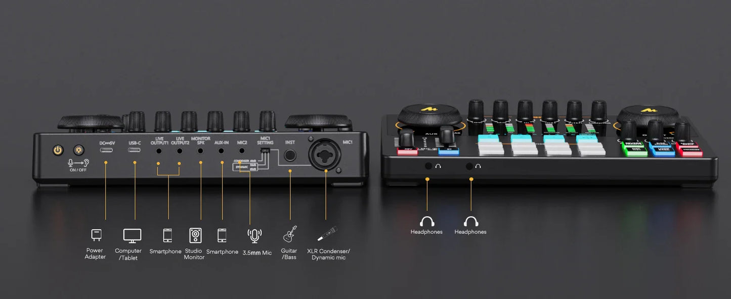 Maono AME2 Portable Audio Interface Sound Card – All-in-One DJ Mixer for Podcast Recording, Live Streaming, YouTube & Guitar PC