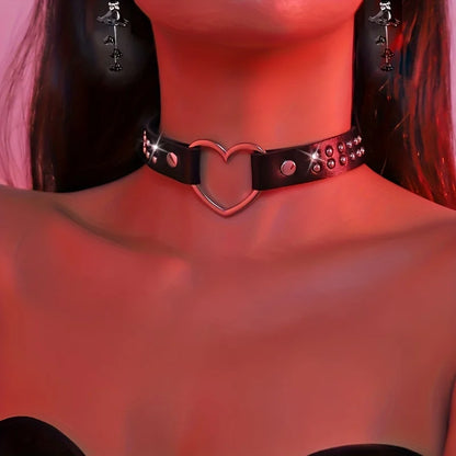 Y2K Punk Gothic Heart Stud PU Leather Choker Necklace — Sexy Everyday Jewelry for Women