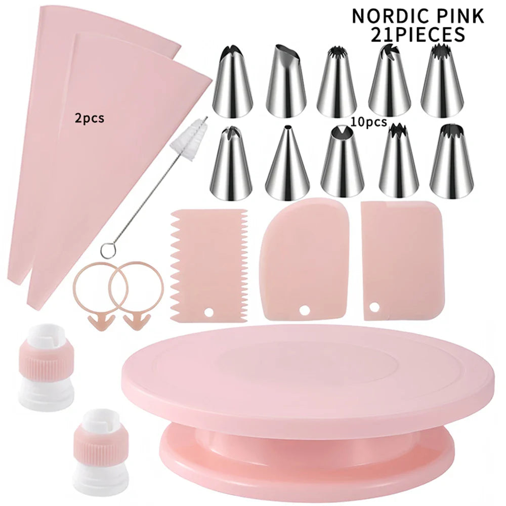 Cake Decorating Tools Kit – Pastry Turntable, Piping Nozzles, Bags & Icing Scraper Set for Baking