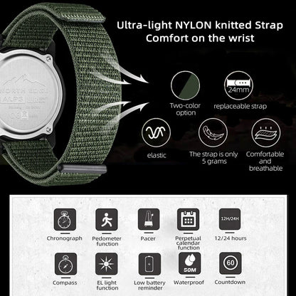 NORTH EDGE ALPS Men's Digital Carbon Fiber Watch Shockproof Military Sports Waterproof 50M Outdoor Compass Wristwatch