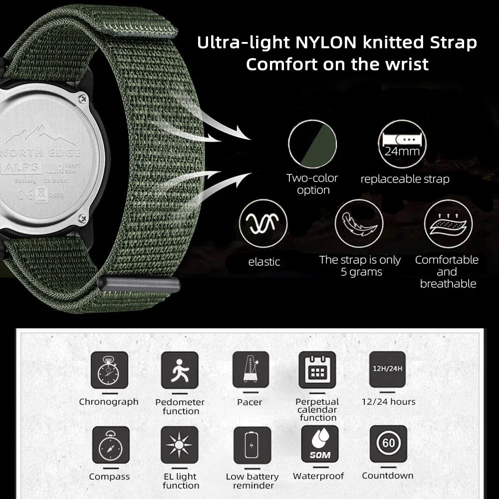 NORTH EDGE ALPS Men’s Digital Carbon Fiber Sports Watch – Shock-Resistant Military Style, Super Light, 50M Waterproof with Compass