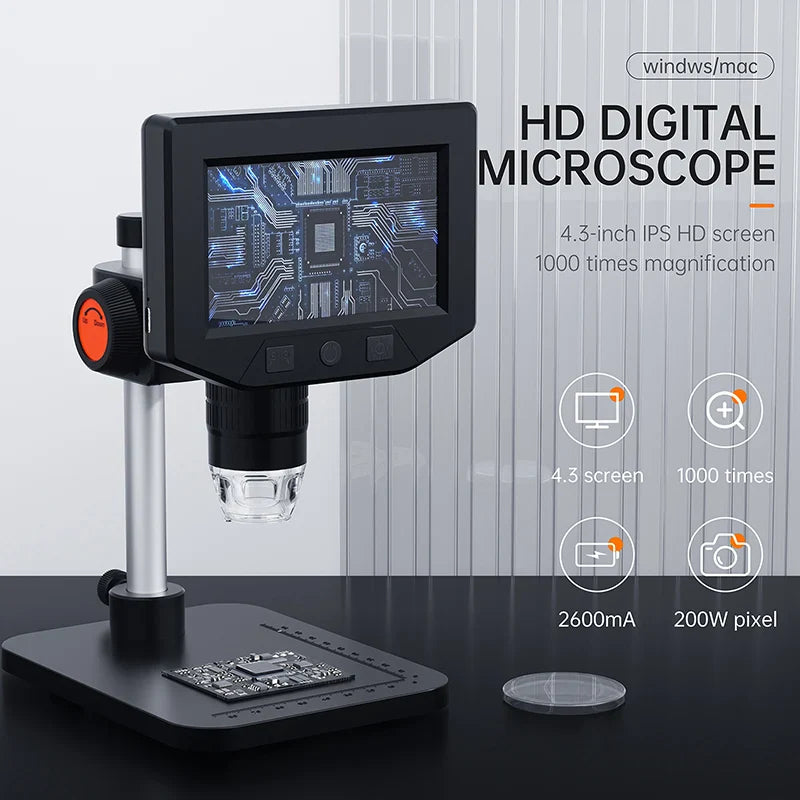 4.3 Inch LCD Digital Microscope | 1080P, 50-1000x Zoom Stereo Camera for Electronics Repair & PCB Inspection