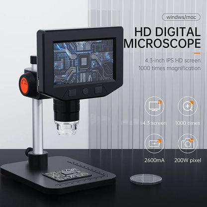 4.3 Inch LCD Digital Microscope | 1080P, 50-1000x Zoom Stereo Camera for Electronics Repair & PCB Inspection