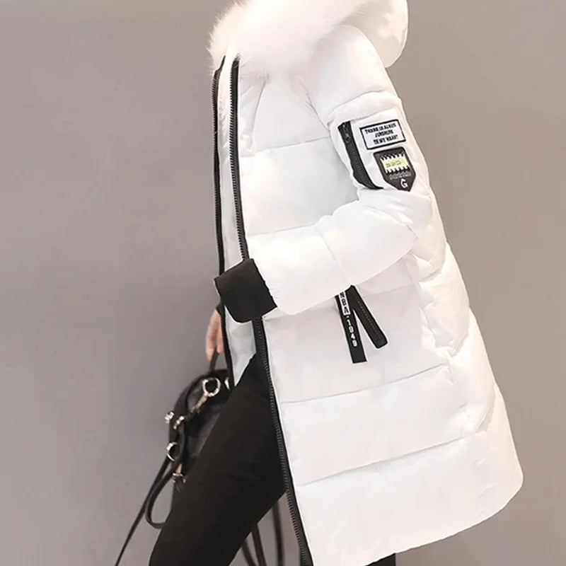 Women's Winter Parka – Fur Collar Hooded Long Jacket, Slim Fit, Warm & Thick with Letter Patch & Zipper Pockets