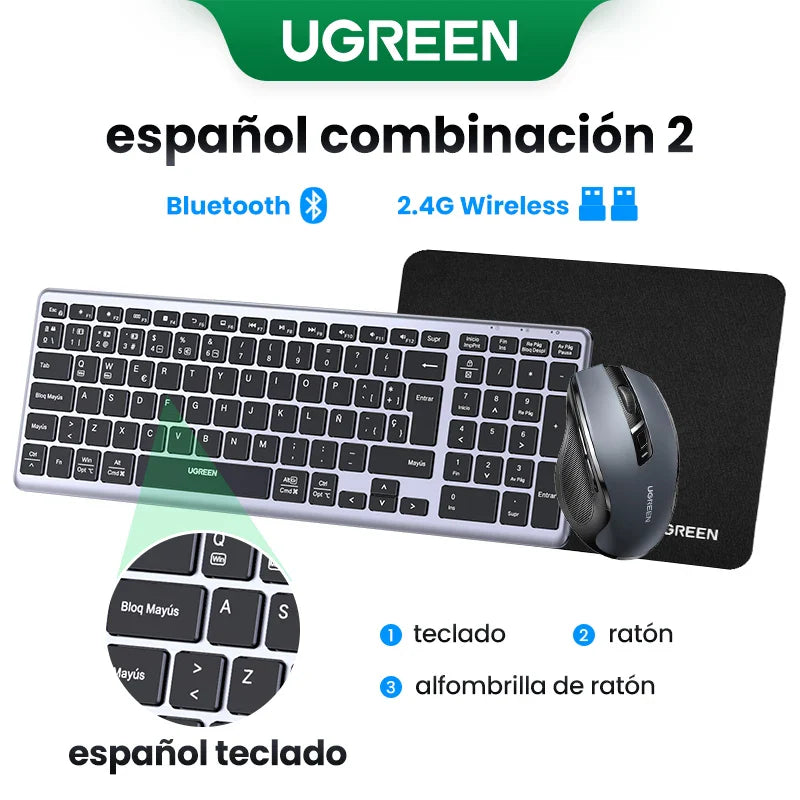 UGREEN Wireless Bluetooth 5.0 & 2.4G Keyboard – 99 Keycaps Russian/Korean/English, USB-C Rechargeable for MacBook, iPad, PC & Tablet