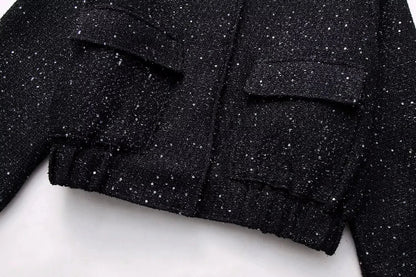 Nlzgmsj Women's Shiny Sequin Jacket – Y2K Gold Stand Collar Long Sleeve Short Coat, Autumn/Winter High Streetwear