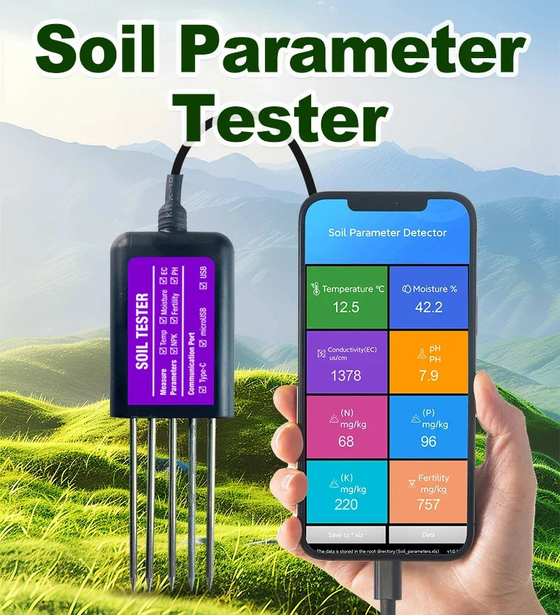 8 in 1 Soil Tester with USB Type-C – Temperature, Moisture, EC, PH, NPK, Portable Sensor, Free Android App