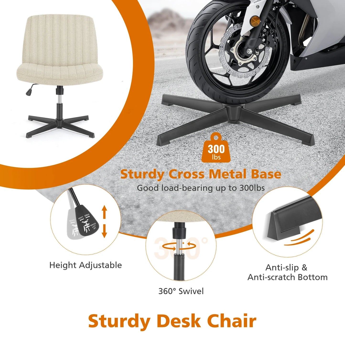 Adjustable Cross Legged Rocking Gaming Chair - Armless Wide Desk Swivel Task Chair for Home Office and Living Room