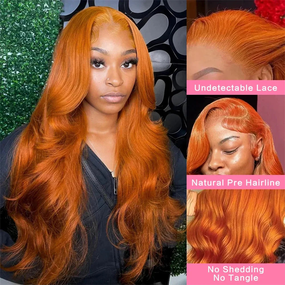 Ginger Orange Body Wave HD Lace Front Wig – 13x6 Transparent Human Hair Wig, 250% Density for Women