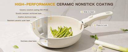 Astercook 21 Piece Ceramic Cookware Set - Non-Stick Pots and Pans with Sensor Handles in Milky White