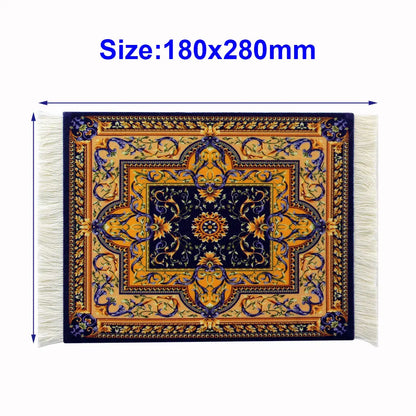 Persian Mini Woven Rug Mousepad - Retro Style Carpet Pattern Cup Laptop PC Mouse Pad with Fringe - Home Office Table Decor Craft