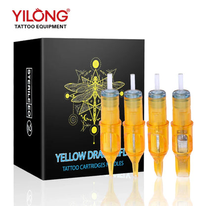 20PCS Yellow Dragonfly Tattoo Cartridge Needles (1,3,5,7,9,11,13,14,15) – RL, RM, RS, M1 for Tattoo Machine Pen Accessories