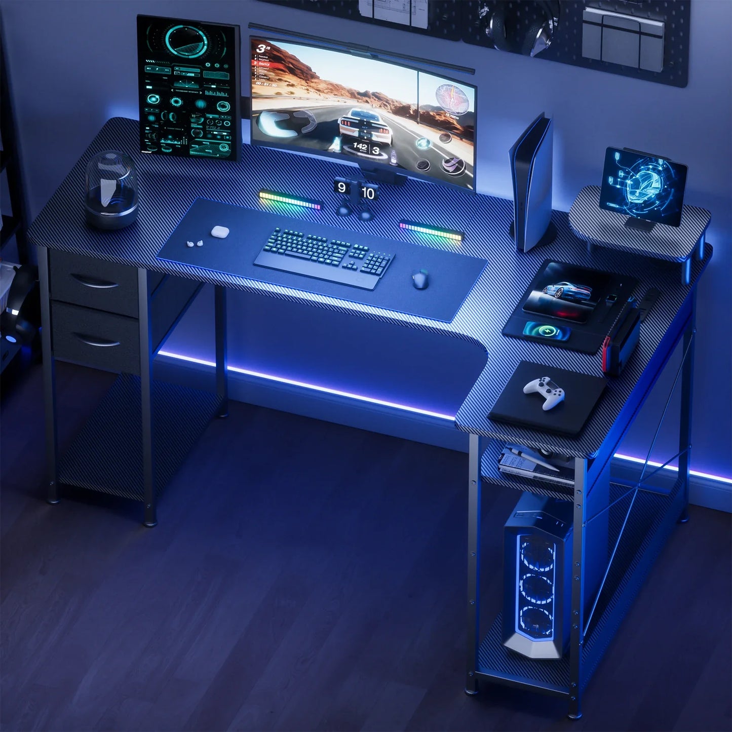 L-Shaped Gaming Desk with Drawers – Carbon Fiber Computer Desk with Monitor Arm for Home Office