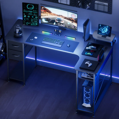 L-Shaped Gaming Desk with Drawers – Carbon Fiber Computer Desk with Monitor Arm for Home Office