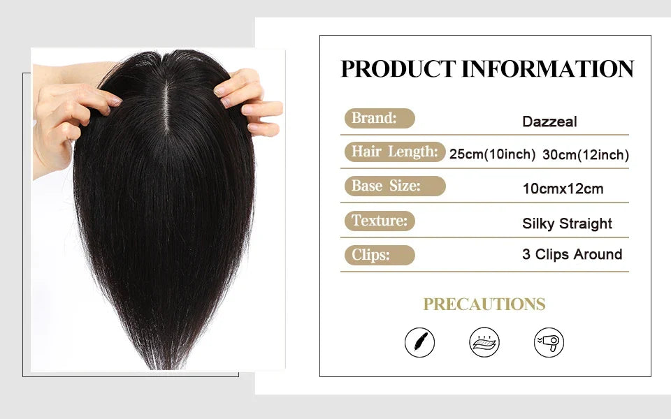 Dazzeal Human Hair Topper – 100% Real Straight Hair, Lace Base, Clip-In with Bangs, 10x12cm, 360° Coverage