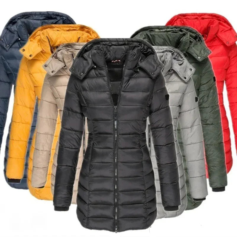 Women’s Winter Padded Parka – Thick Warm Mid-Length Slim Hooded Coat with Zipper